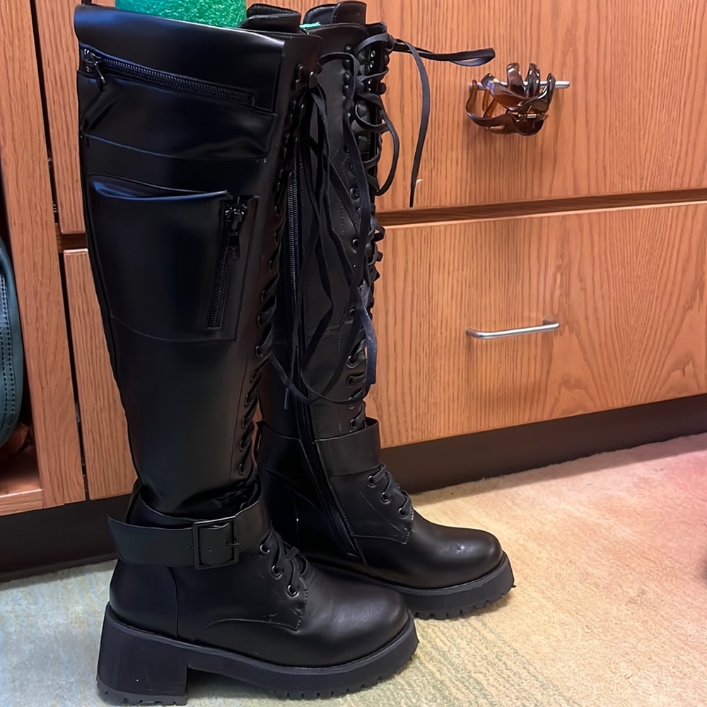 Pocket Black Leather Knee-High Combat Boots